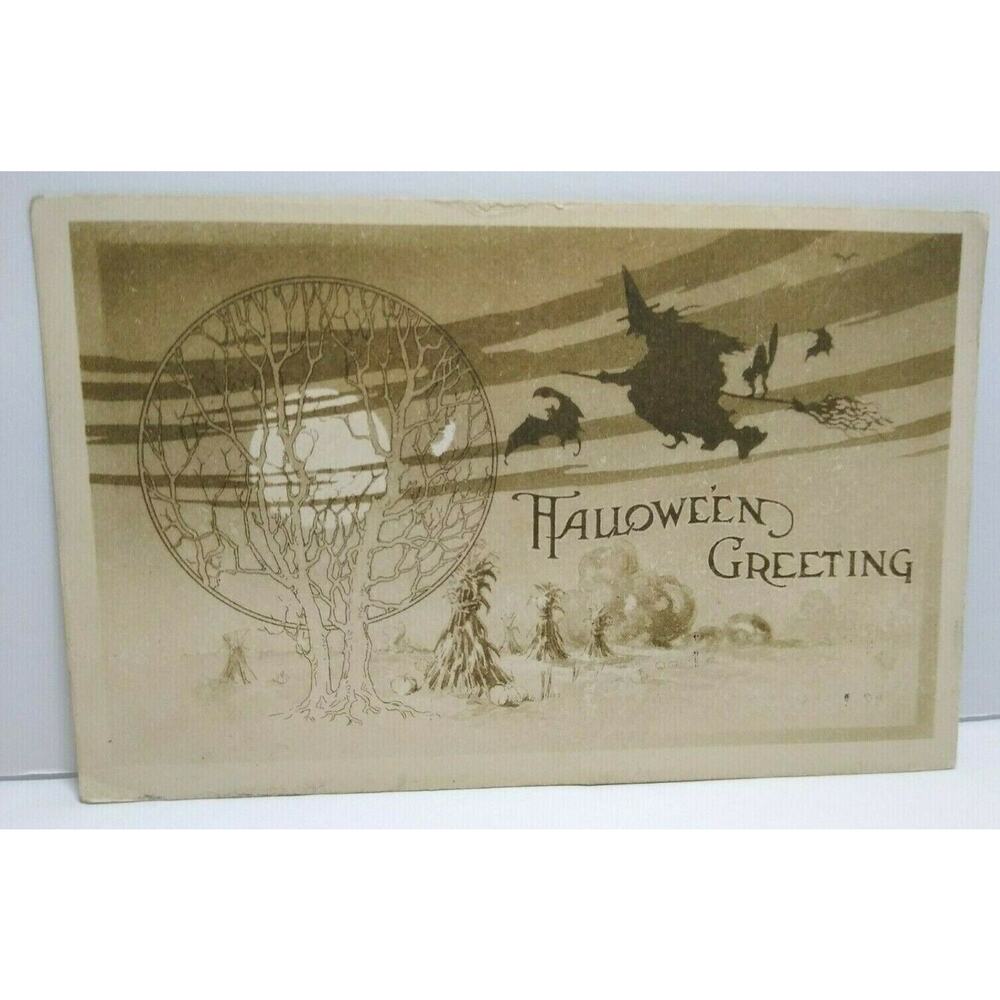 Halloween Postcard Gibson Witch Tree Of Life Bats Moon Gothic 1910 Vintage WV